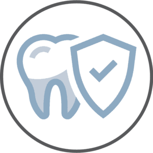 Icon of a tooth with a shield featuring a check mark, symbolizing dental protection or preventative care.