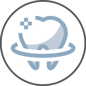 Icon of a tooth with a plus sign and a circular orbit around it, symbolizing dental care or protection.